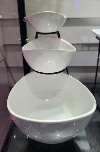 Benevolence 3-Tier Oval Bowl Serving Rack Set White Ceramic Stoneware Metal Rack - Picture 7 of 12