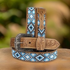 Beaded Western Belt Cowboy Rodeo Full Grain Leather Hand Tooled Removable Buckle