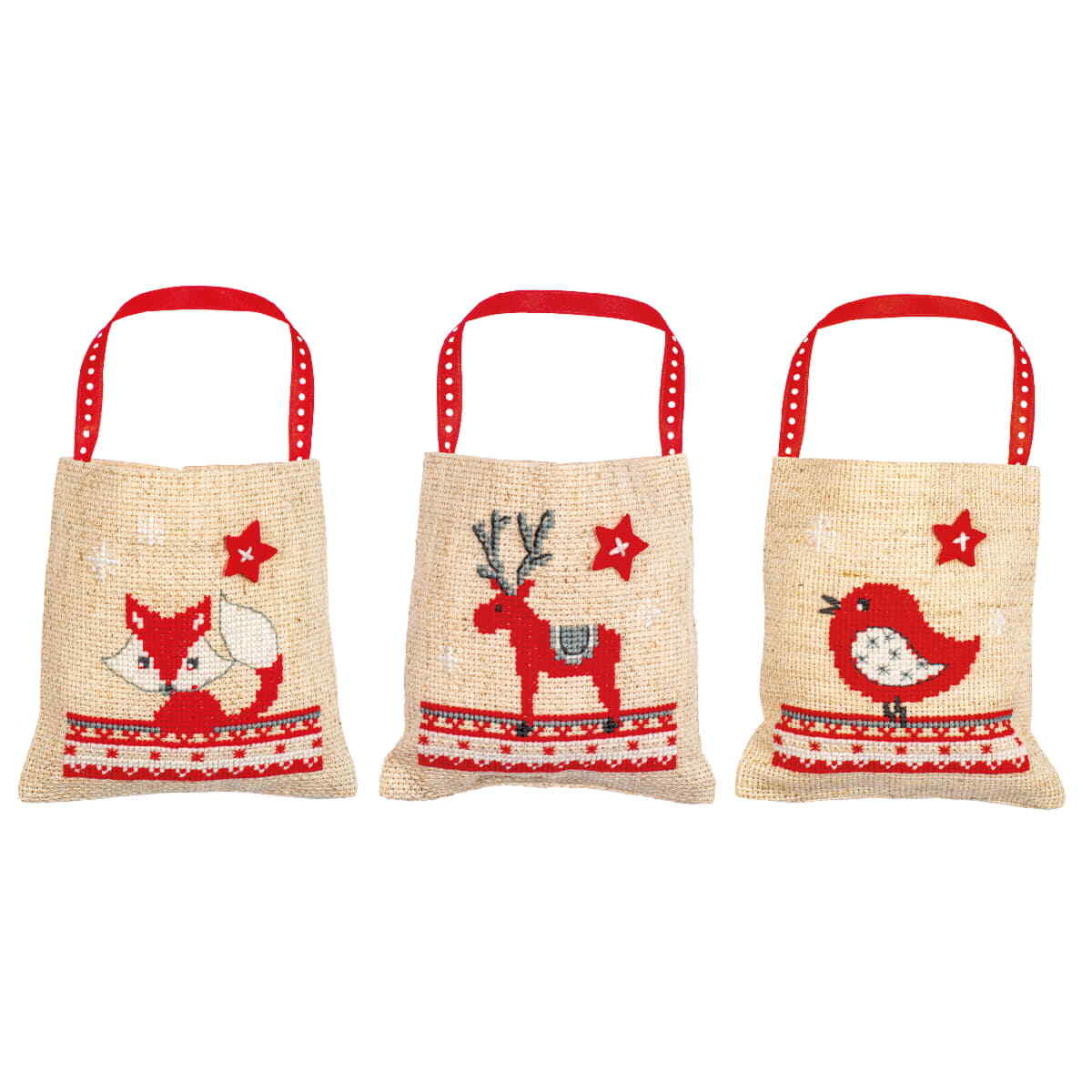 B&Q -  Counted Cross Stitch Kit: Draw String Gift Bags: Christmas Animals: Set Of 3 - Image 2