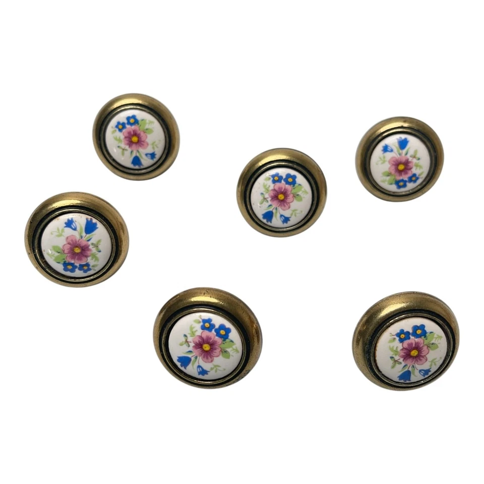 De colección 6 perillas de tiradores de cajón florales de cerámica y latón tornillos núcleo de cabaña 3/4 pulgadas Foto 3 de 4