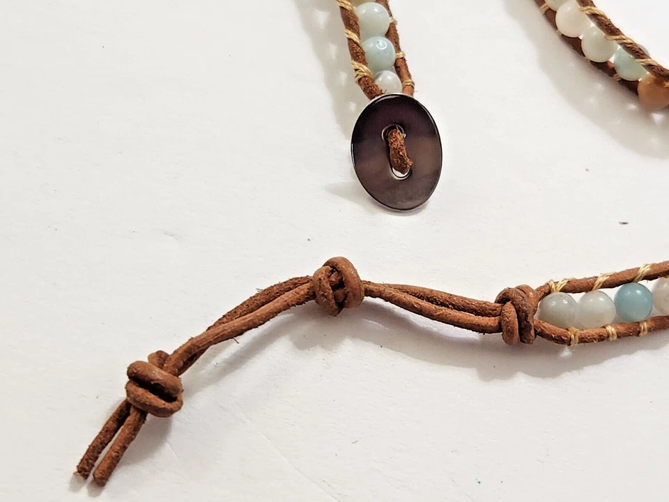 Pulsera envolvente de cordón de cuero con cuentas de piedra amazonita natural boho playa naturaleza hippie Foto 4 de 4