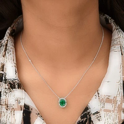 2.10 TCW H/Si Diamant Echt Sambianischer Smaragd Anhänger 14k Weißgold Kette - Bild 1 von 4