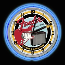 19" FENDER GUITAR AMP Blue Double Neon Clock Mancave Garage Guitars Music Band
