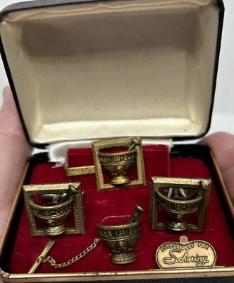 Brass Mortar & Pestle Tie Clasp & Bar, Cuff Links Schering Pharma 4 Pieces MCM