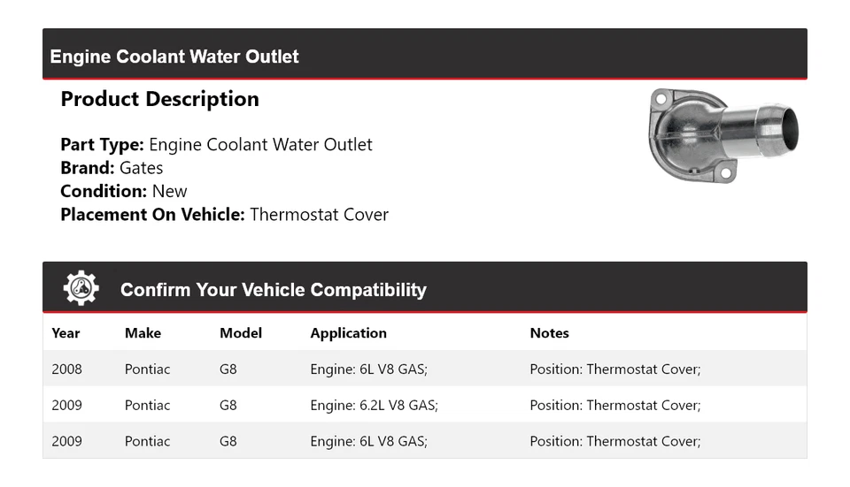 Cubierta termostato salida agua refrigerante motor Pontiac G8 2008-2009 puertas Foto 2 de 4