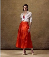 Quince Organic Cotton Poplin Tiered Maxi Skirt Vermillion Red Orange Size L