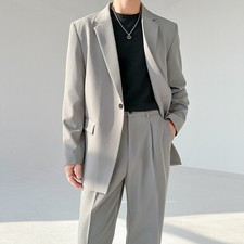 Spring Mens Casual One Button Jacket Suit Set Loose Suit Formal Jacket Pants Set