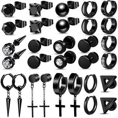 15 Pairs Black Earrings for Men, Stainless Steel Mens Earrings set with Studs E