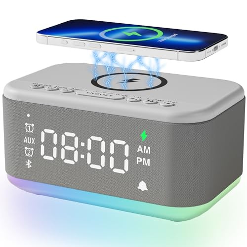 Wireless Charging Alarm Clock Speaker with Digital Display for Bedrooms in Gray  