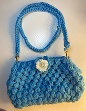 Blue Crochet Shoulder Bag Purse with Flower A...