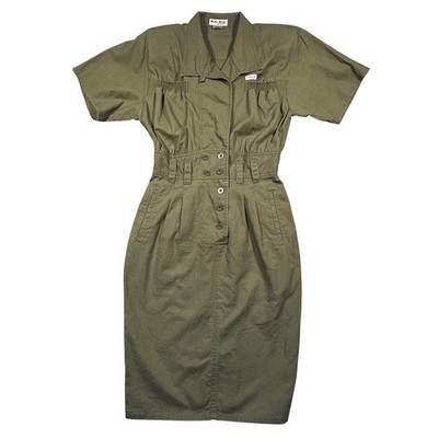 Vintage Nok Nok Dress Womens M Army Green Military Inspired Ramie Cotton  Midi | eBay