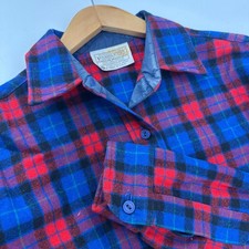 Pendleton Womens Blue Red Plaid Virgin Wool Button Up Shirt Size Large USA Made