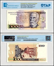 Brazil 1000 Cruzados, 1988 ND, P-213b, UNC, Authenticated