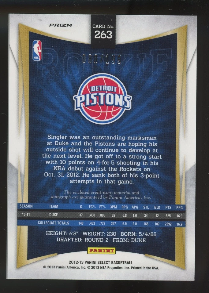 Kyle Singler 2012-13 Panini Select Prizms Auto #263 Detroit Pistons #/199 - Image 2 of 2