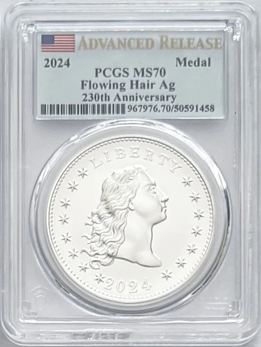 2024 SILVER FLOWING HAIR AG ADVANCED RELEASE 230TH ANNIVERSARY PCGS MS70 FLAG