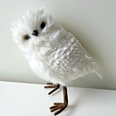 Decorae Fake Stuffed Owl Figure White Plush Fur & Feathers Halloween Christmas