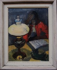 Gustaf Adolf Fahle 1906-1989,"Lesen bei der Petroleumlampe im Atelier", dat 1955