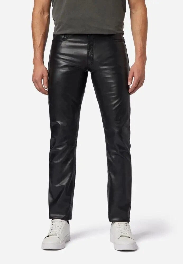 Men's Classic Genuine Lambskin Leather Skinny Biker pants Black Leather