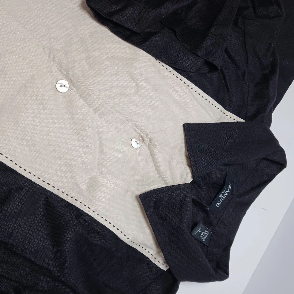 Camisa Brandini 100 % seda negra blanca abotonada manga corta para hombre talla L Foto 3 de 4