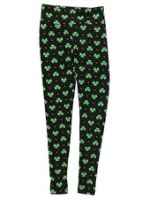 Junior Womens Soft Black 4 Leaf Clover Shamrock St Patrick Leggings