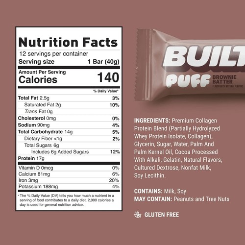 BUILT Puff Protein Bar, Brownie Batter, 17g Protein, Collagen, 140 calories, 4 c - Picture 5 of 6