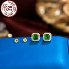 Square Green Cubic Zirconia Stud Earrings Solid 925 Sterling Silver Cute Jewelry