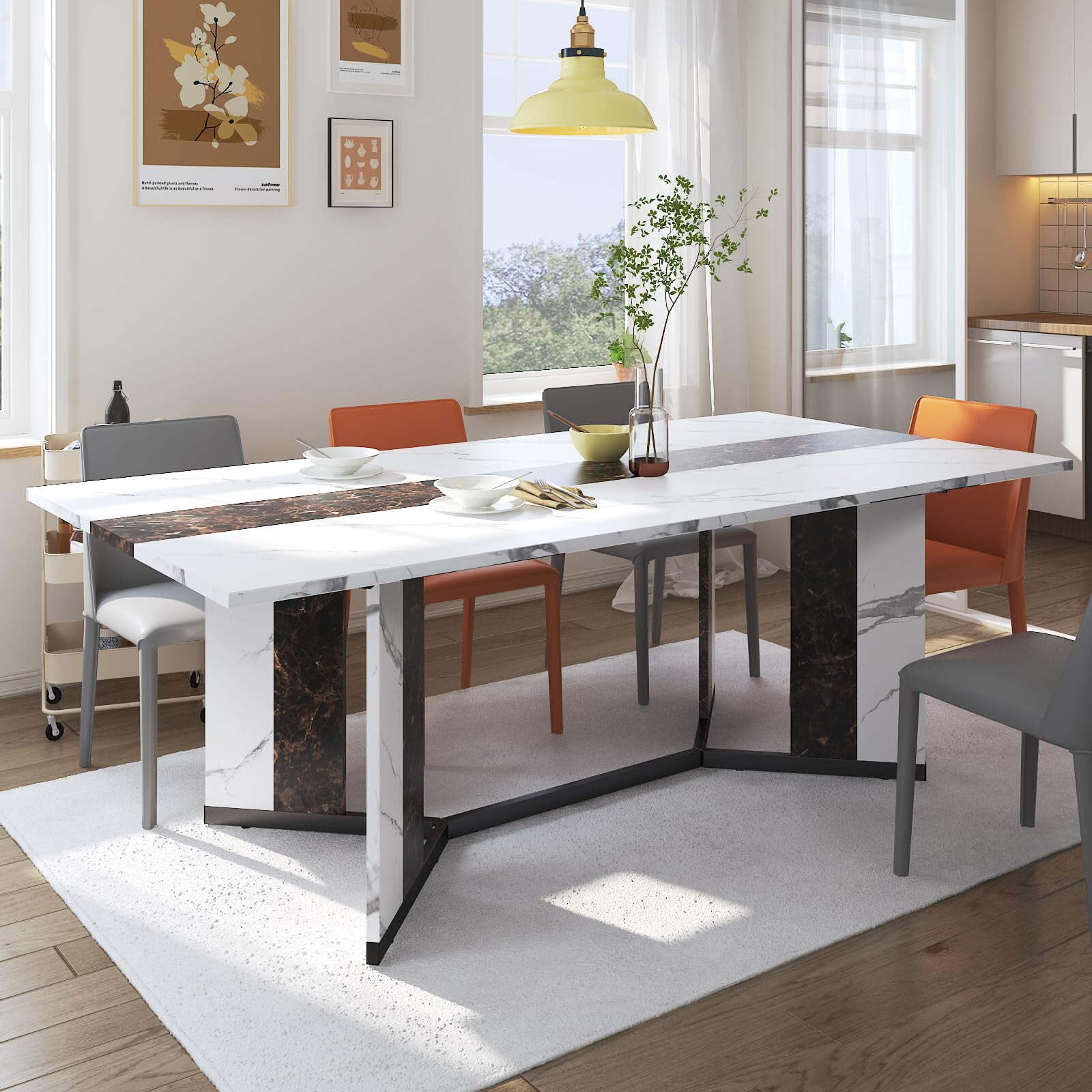 71"Modern Large Marble-Color Dining Table for 6-10 People w Metal Adjustable Leg