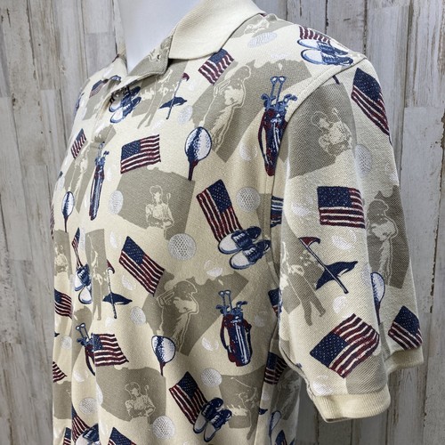 Cutter & Buck Men’s M Medium Polo Shirt Beige Golf Clubs Flag 4th July Print U3 - Picture 5 of 8