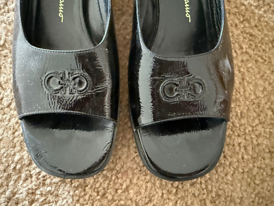 Ferragamo Black Patent Leather EXTRA LIGHT Outsole Open Toe Slide