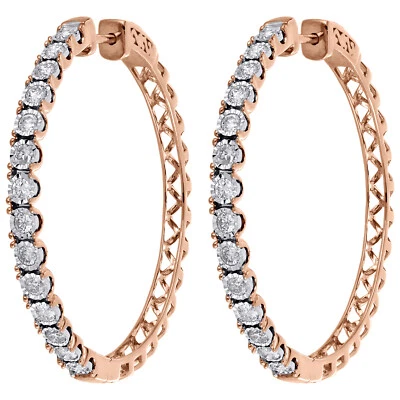 10K Rosegold Echt Diamant Ein Reihen Blende Set 1.55 " Reifen Huggie Ohrringe - Bild 1 von 4