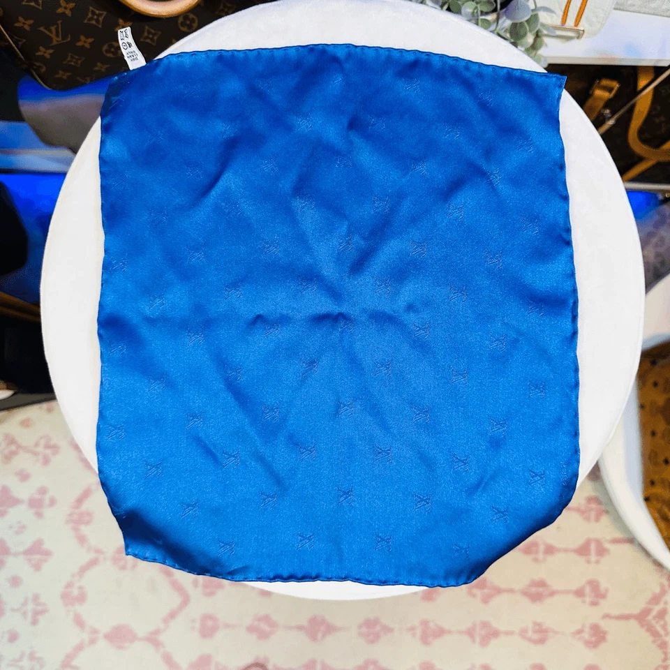 LOUIS VUITTON Blue 100% Silk Square Handkerchief Luxury Logo Embroidered - Image 4 of 4