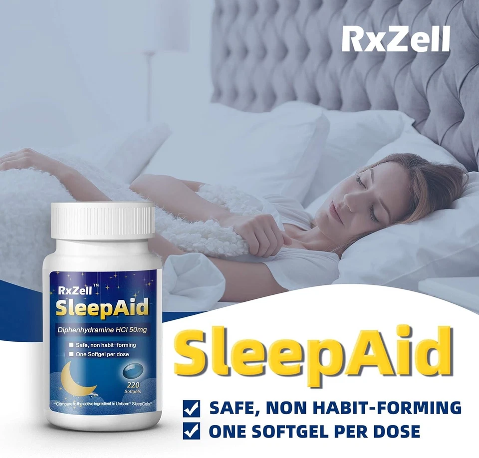 RXZELL Sleep Aid, cápsulas blandas de difenhidramina 50 mg, fáciles de tragar, soportes Foto 4 de 4