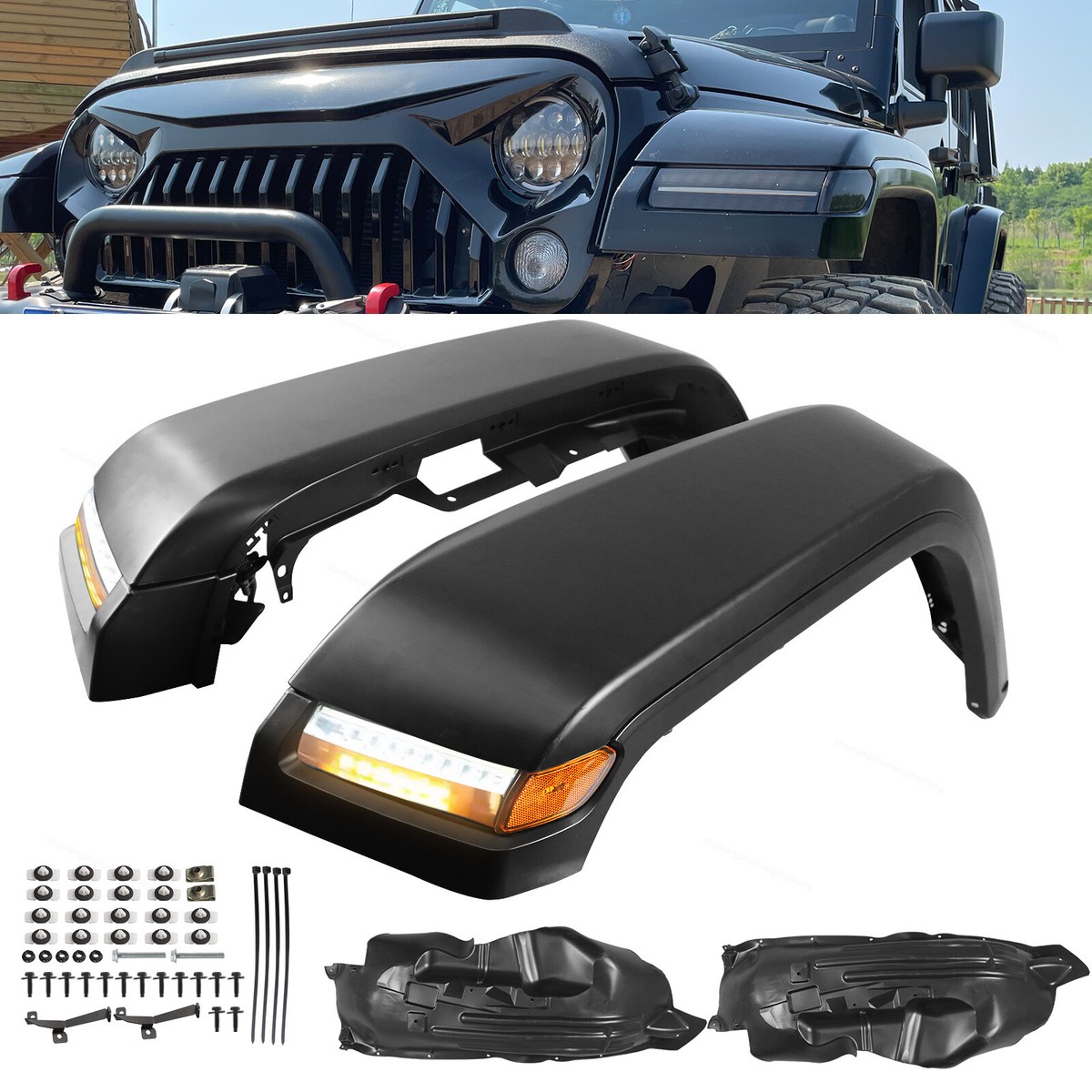 Front Fender Flares W/ Lights Fit For 2007-2017 Jeep Wrangler JK