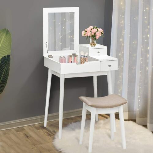 Vanity Dressing Table Set Flip Mirror Desk Cushioned Stool 2 Storage Drawers