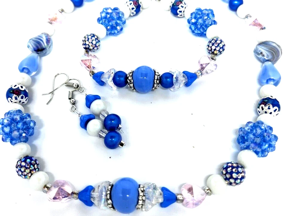 JUEGO DE PULSERAS COLLARES HECHOS A MANO ROSA AZUL cuentas cristal H18 Foto 2 de 4