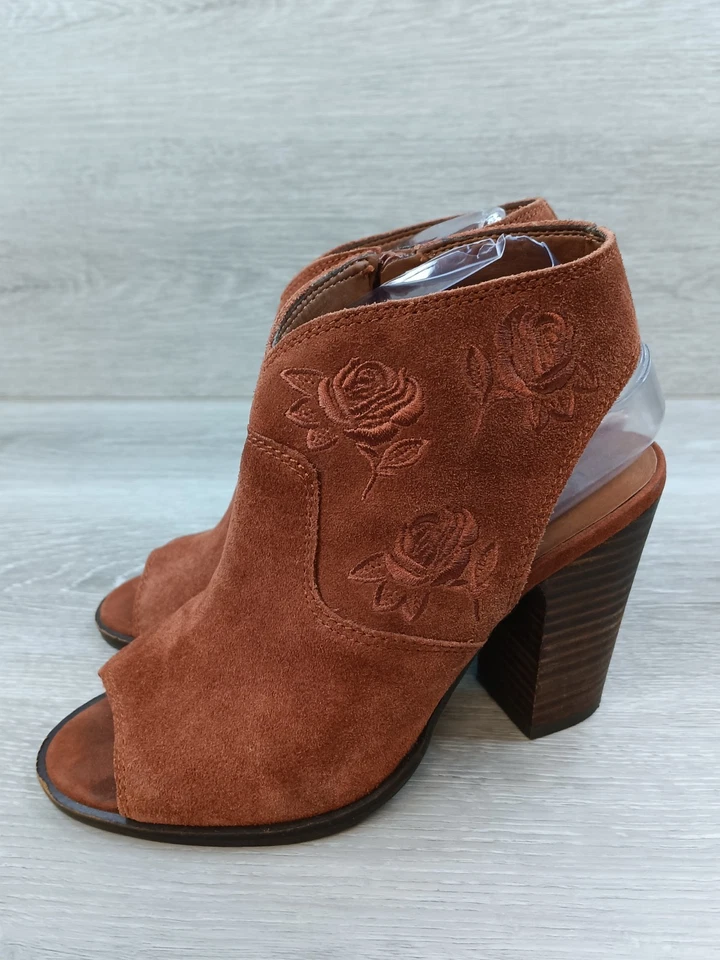 Botín para mujer Lucky Brand 7,5 rosa bordado punta abierta marrón occidental gamuza boho Foto 3 de 4