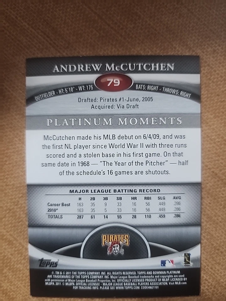 2011 Bowman Platinum #79 - Andrew McCutchen Gold - Pittsburgh Pirates - Image 2 of 2