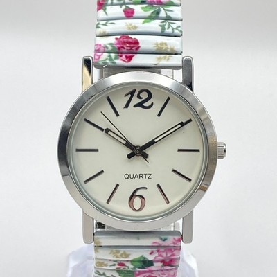 Womens Floral Watch 32mm Silver Tone Stretch Band Spring New Battery SMALL 6''
