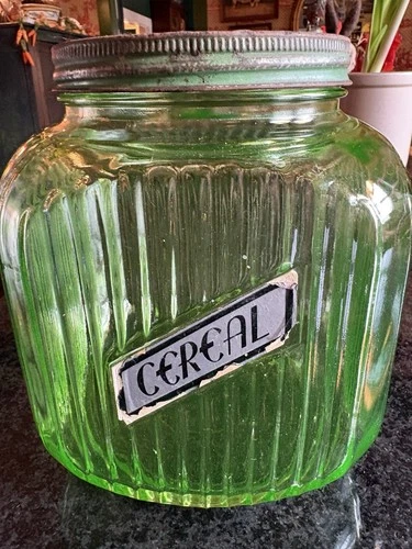 Uranium Glass Green Depression Cereal Canister Jar Original Label Green Lid
