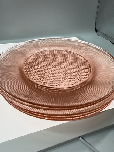 Vintage Jeanette Glass Homespun Pink Depression Glass Dinner Plates Set 6 9-1/2”