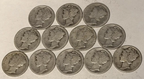 Lot of 12 Mercury Dimes 90% Silver all different dates sold for melt value