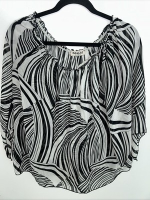 MKM Designs Sheer Peasant Blouse Black White 3/4 Slit Sleeves L /XL