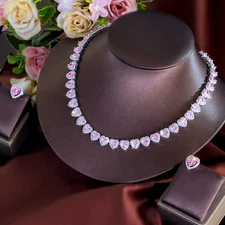Romantic Silver Plated Cubic Zirconia Pink Heart Necklace Earrings Jewelry Set