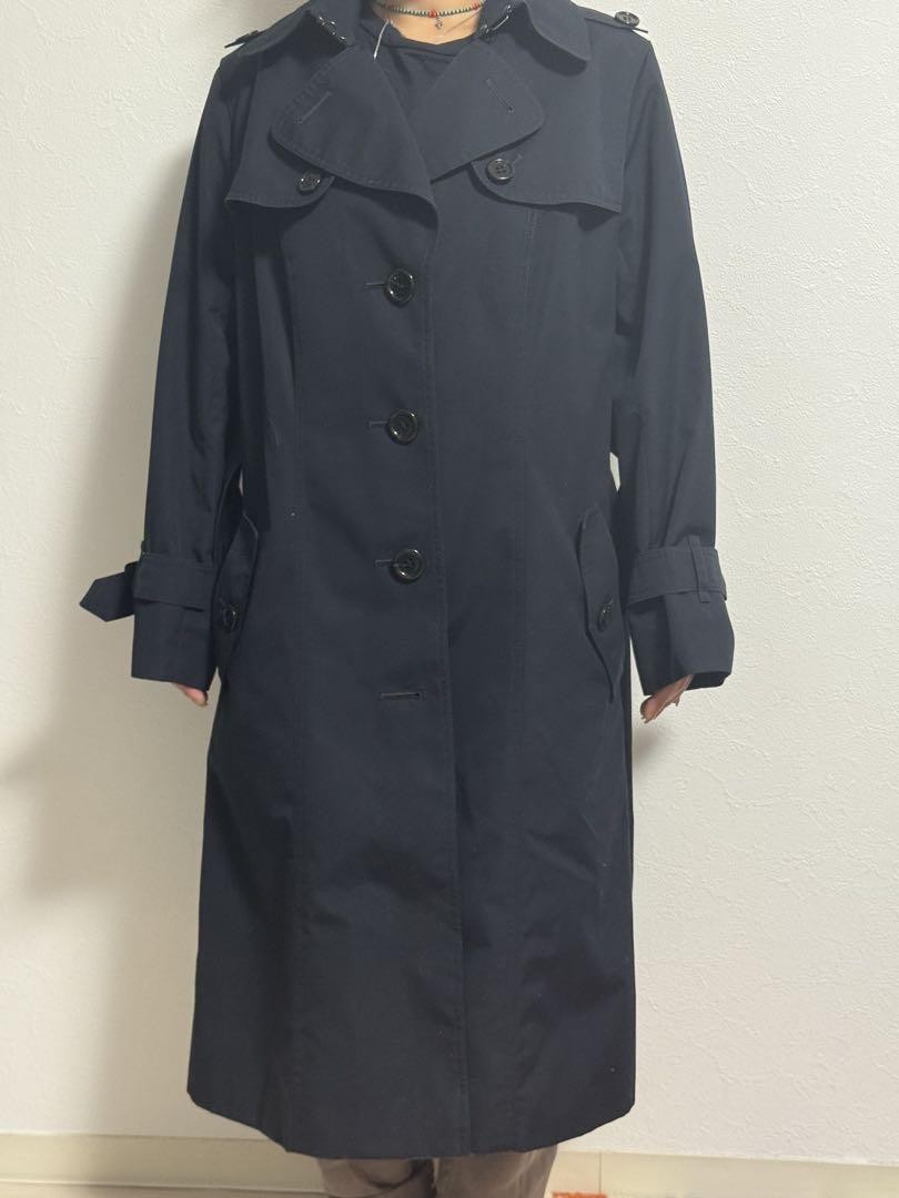 Burberry Trench Coat Navy Blue Polyester With Check Pattern Size L For Women