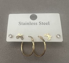 Gold Tone Stainless Steel Butterfly, Hoop And Stud Earrings. 3 Pairs In One