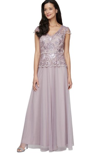 Alex Evenings Women's V-Neck Cap-Sleeve Embroidered Gown - Wisteria
