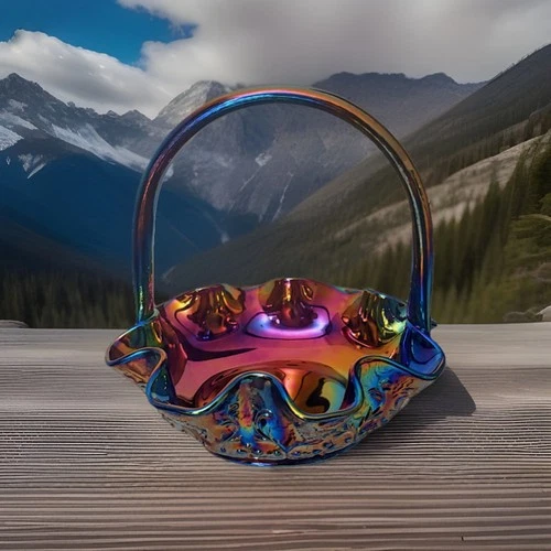 RARE Fenton Basket Amethyst Purple Carnival Spanish Lace 8 1/2"