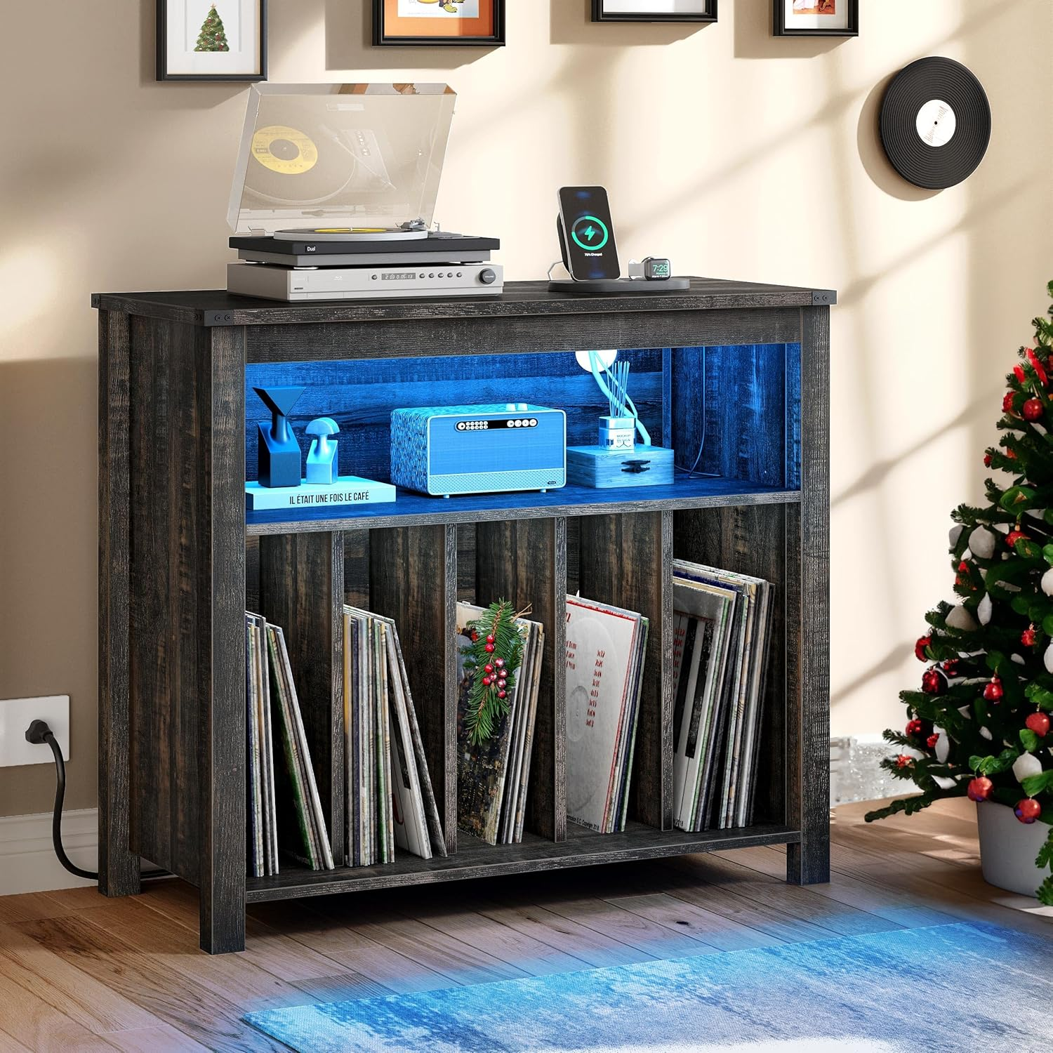 Vintage Vinyl Record Player Stand with Power Outlets & LED Lights