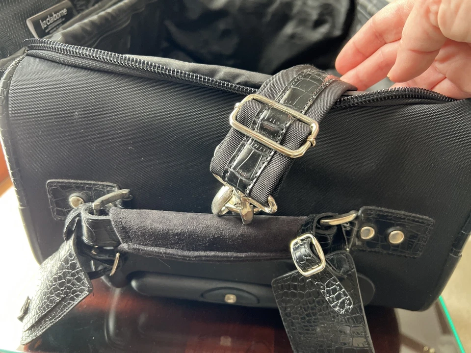 Liz Claiborne Luggage Black Carry On 21” Suitcase w/ Crocodile Leather type trim - Image 2 of 4