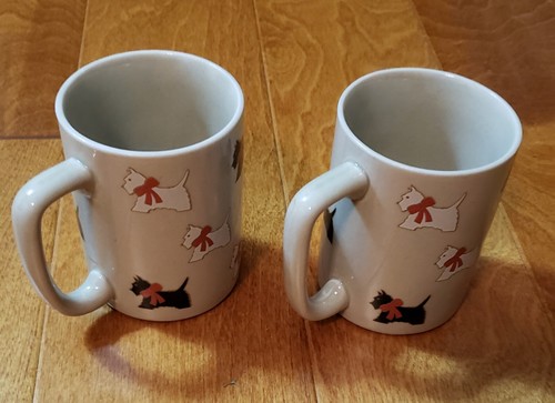 Scottie Dog Coffee Mugs Pair Otagiri Blk&Wht Scottish Terriers Japan Beige Backg - Picture 2 of 7